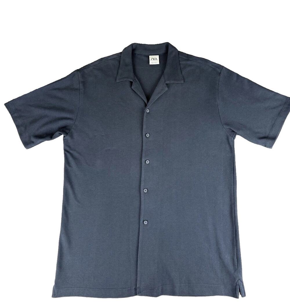 Zara Men’s M Navy Blue Knit Camp Collar Button Shirt Short Sleeve Cotton Coastal